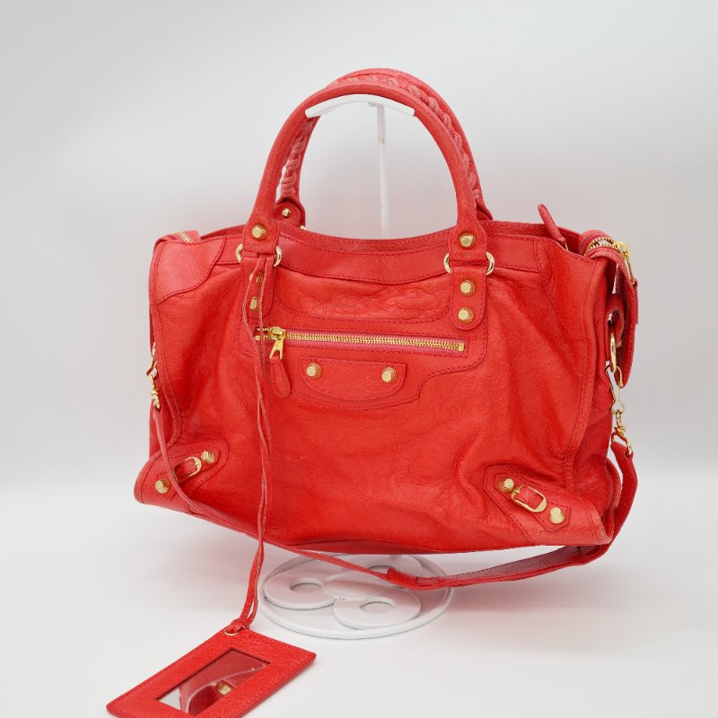 BALENCIAGA 巴黎世家 經典CITY橘紅色 金扣 機車包-0