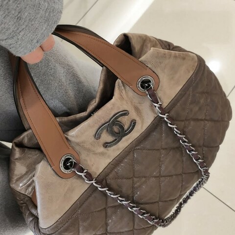 CHANEL 香奈兒 美拉德色系 咖色拼牛皮手提包 肩背包 托特包 媽媽包