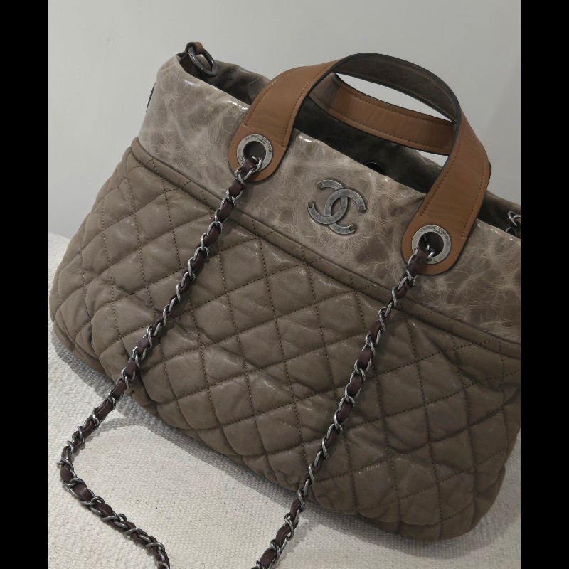 CHANEL 香奈兒 美拉德色系 咖色拼牛皮手提包 肩背包 托特包 媽媽包-4