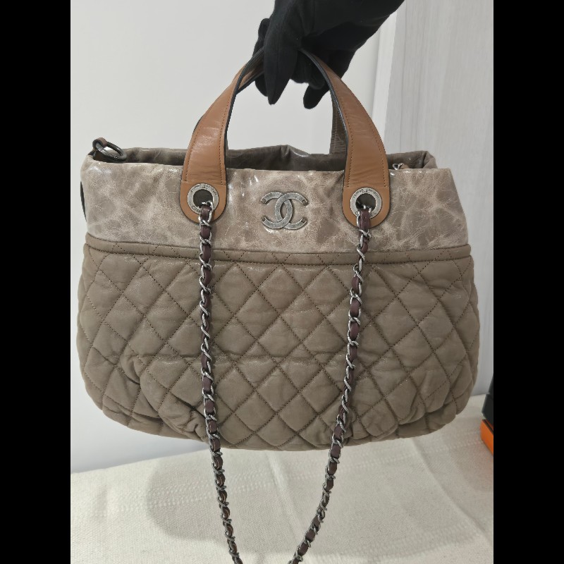 CHANEL 香奈兒 美拉德色系 咖色拼牛皮手提包 肩背包 托特包 媽媽包-6