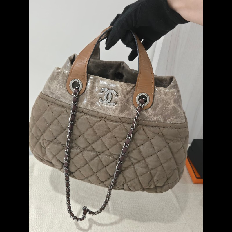 CHANEL 香奈兒 美拉德色系 咖色拼牛皮手提包 肩背包 托特包 媽媽包-7