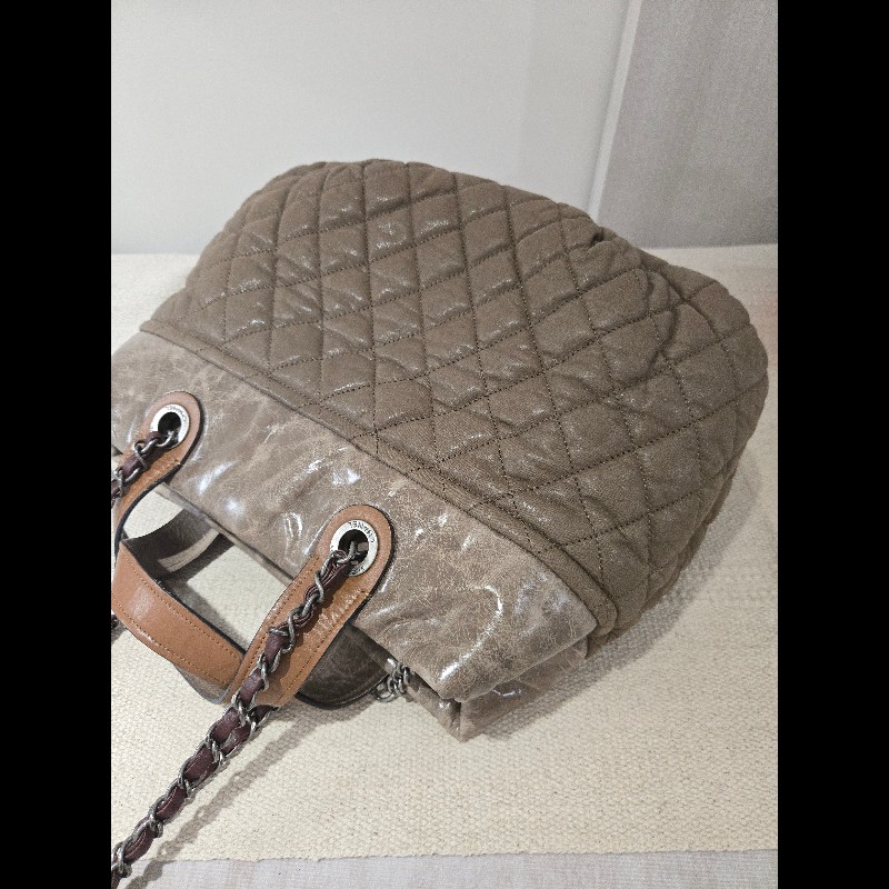 CHANEL 香奈兒 美拉德色系 咖色拼牛皮手提包 肩背包 托特包 媽媽包-9