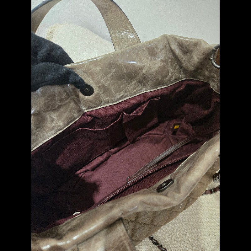 CHANEL 香奈兒 美拉德色系 咖色拼牛皮手提包 肩背包 托特包 媽媽包-46