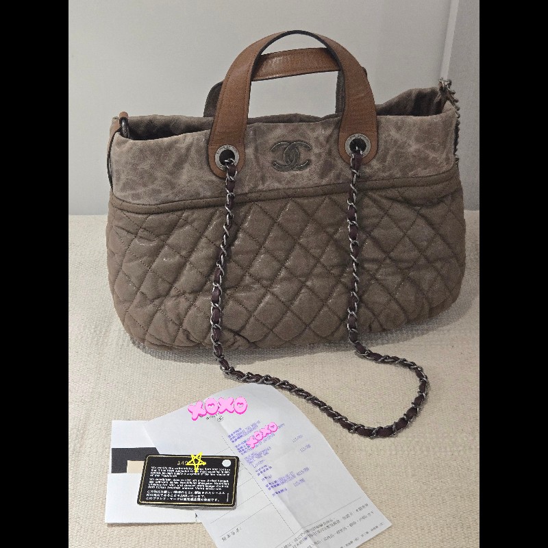 CHANEL 香奈兒 美拉德色系 咖色拼牛皮手提包 肩背包 托特包 媽媽包-50