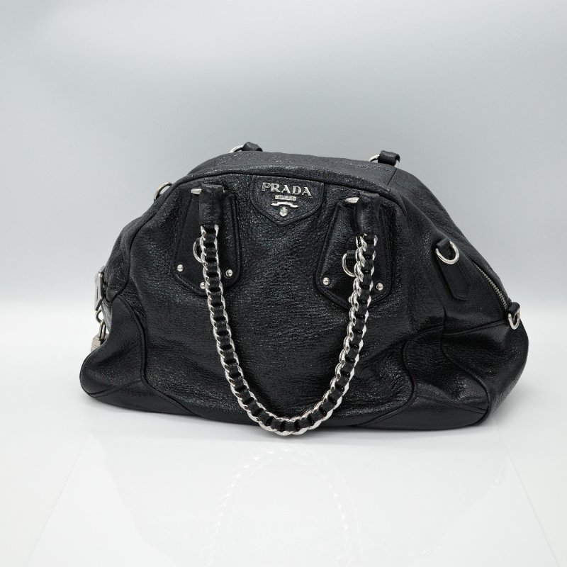 Prada 普拉達 Cervo Lux 黑色 鹿皮 銀色粗鏈條 手提包 肩背包 斜挎包-2