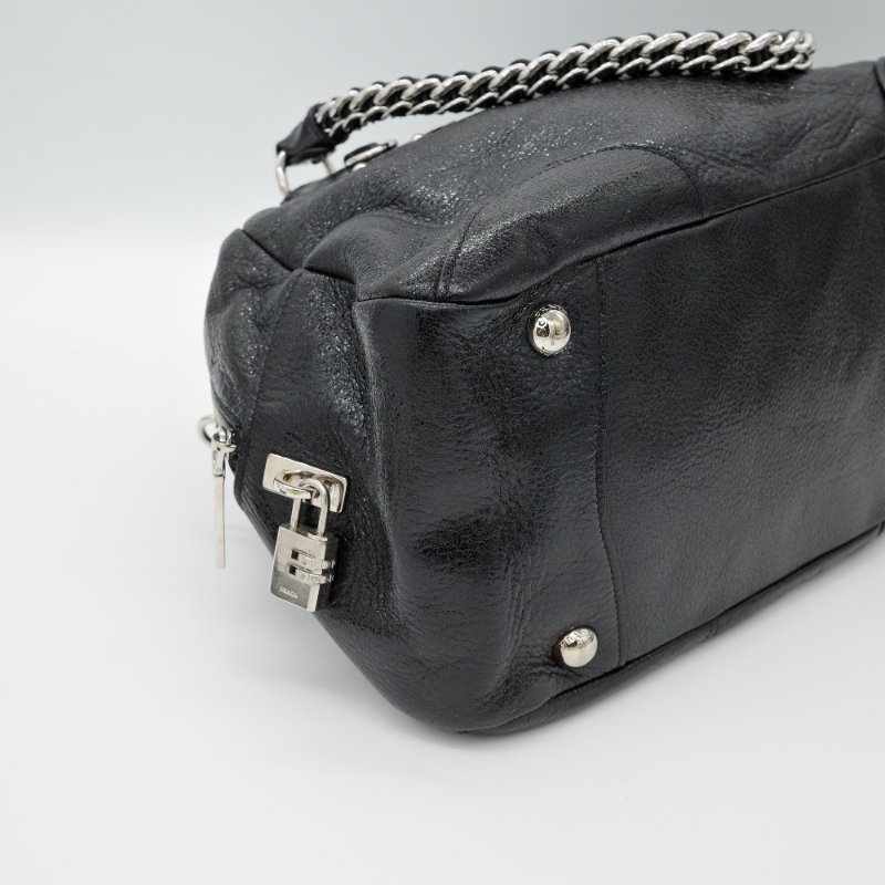 Prada 普拉達 Cervo Lux 黑色 鹿皮 銀色粗鏈條 手提包 肩背包 斜挎包-4