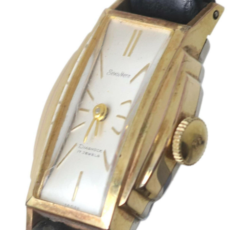 精工 Merit 女士手動上鍊 DiaShock 17 鑽腕錶，金色和黑色錶盤，型號 5257，適合手腕週長 14 厘米至 17.5 厘米。-5