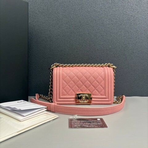 Chanel 粉色荔枝牛皮金扣小號Leboy鏈條包 肩背包斜背包