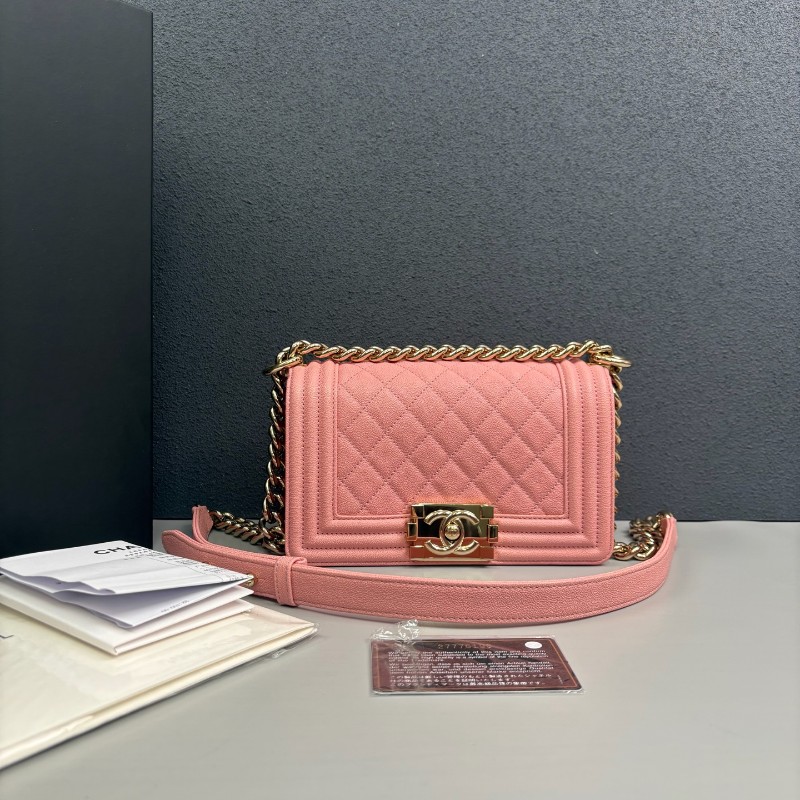 Chanel 粉色荔枝牛皮金扣小號Leboy鏈條包 肩背包斜背包-0