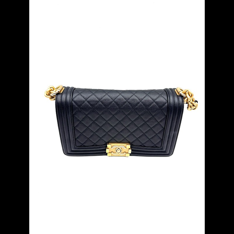 CHANEL Leboy 中號 黑色小牛皮菱格紋金扣肩背包-7