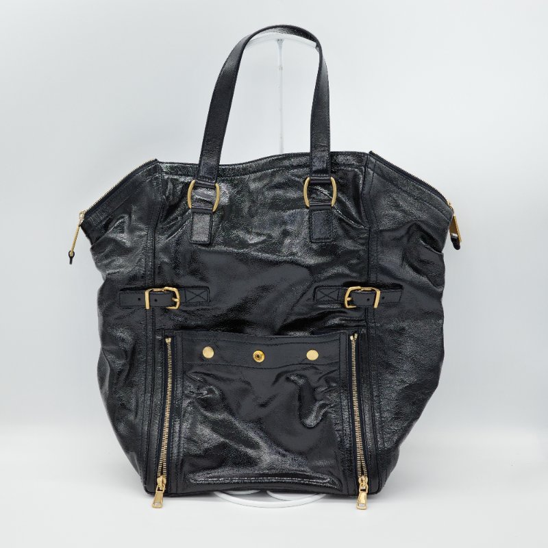 Saint Laurent 聖羅蘭 Downtown 黑色漆皮 拉鍊造型 復古 手提包 單肩包 托特包 旅行包-0