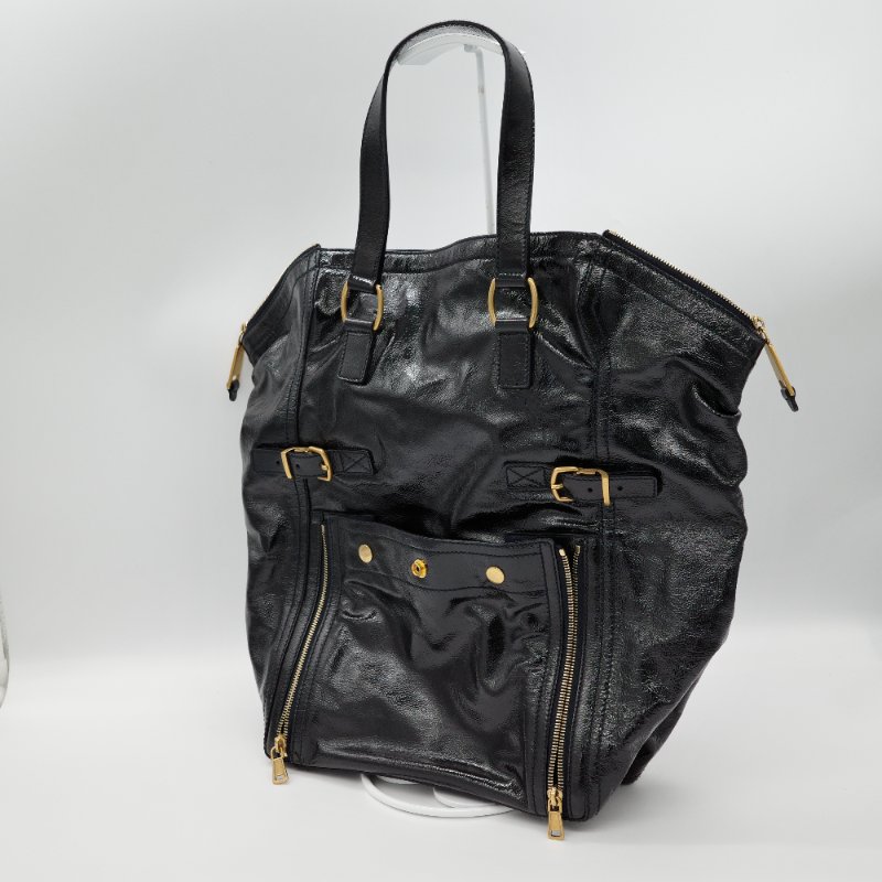 Saint Laurent 聖羅蘭 Downtown 黑色漆皮 拉鍊造型 復古 手提包 單肩包 托特包 旅行包-1