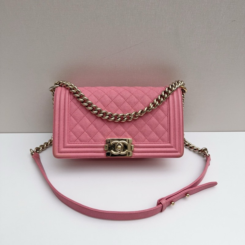 Chanel 粉色荔枝牛皮金扣 中號 魚子醬Leboy 肩背包斜背包-0
