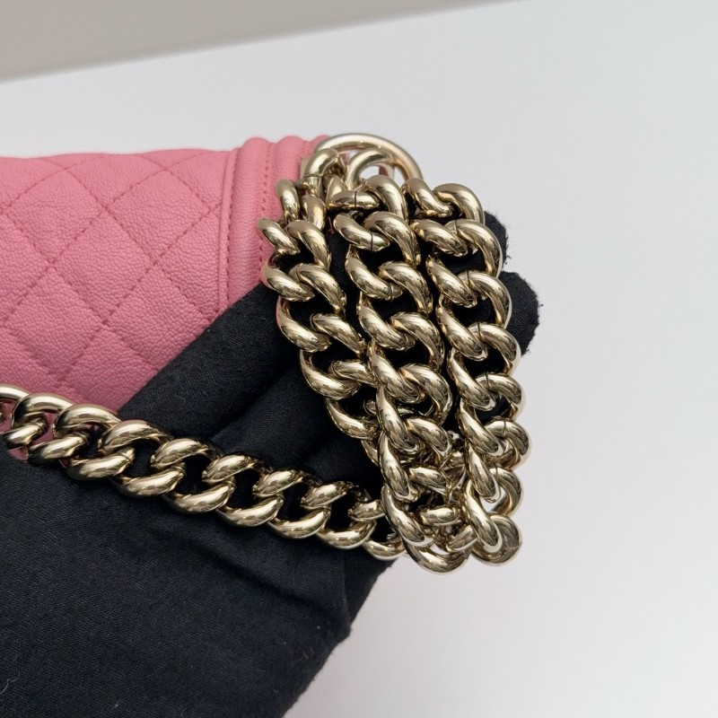 Chanel 粉色荔枝牛皮金扣 中號 魚子醬Leboy 肩背包斜背包-11