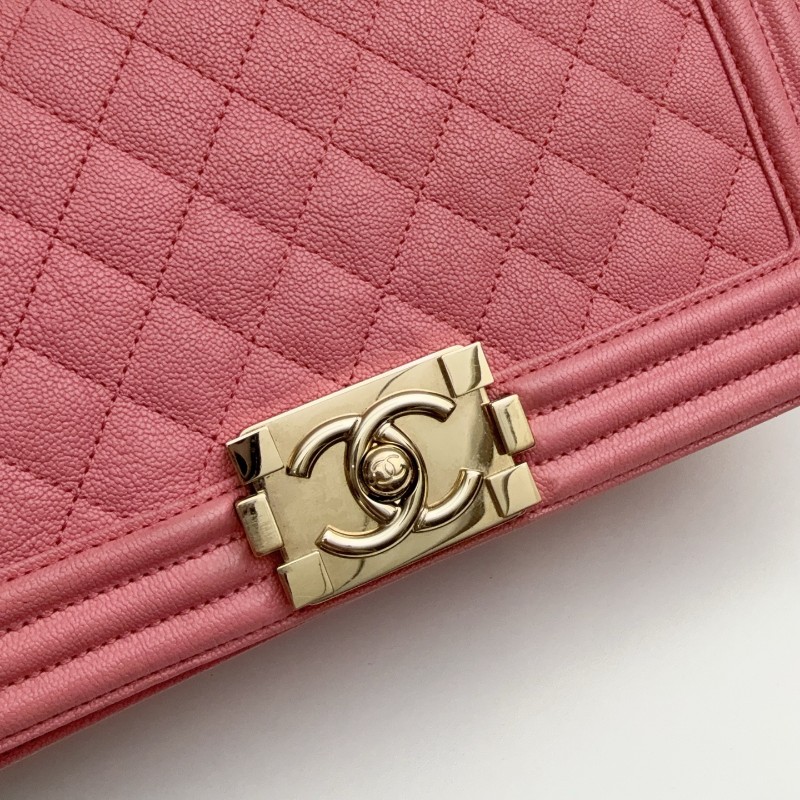 Chanel 粉色荔枝牛皮金扣 中號 魚子醬Leboy 肩背包斜背包-13