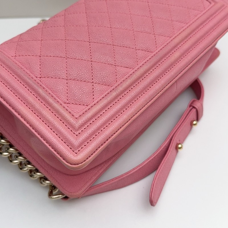Chanel 粉色荔枝牛皮金扣 中號 魚子醬Leboy 肩背包斜背包-14