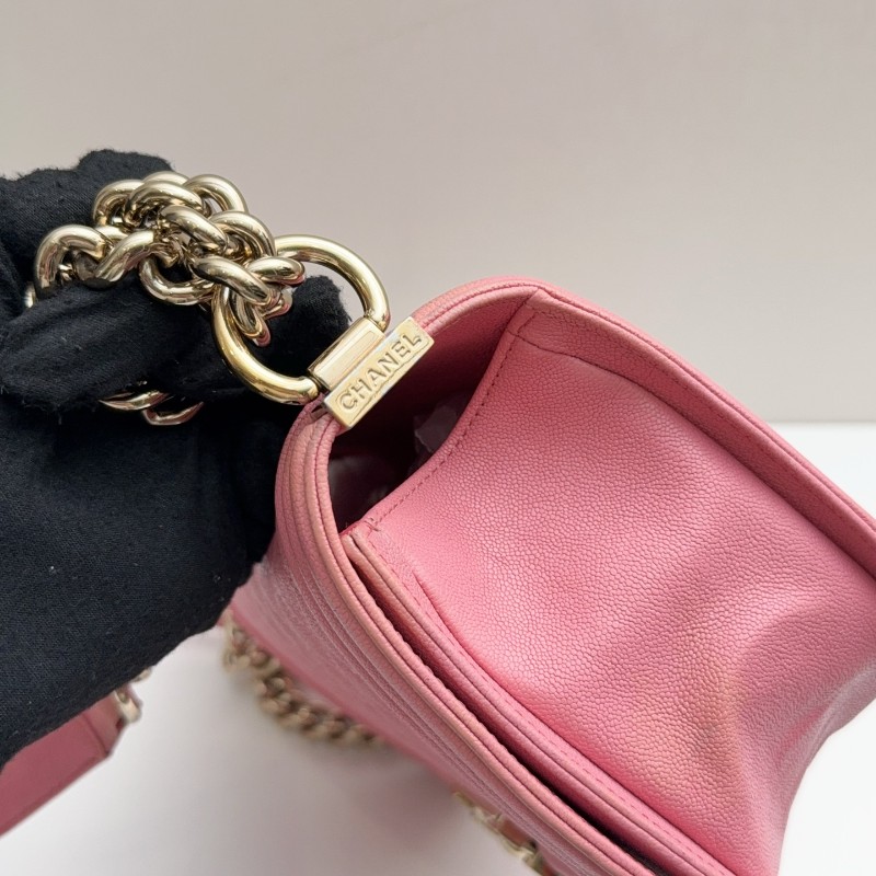Chanel 粉色荔枝牛皮金扣 中號 魚子醬Leboy 肩背包斜背包-19