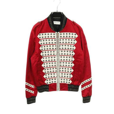 SAINT LAURENT PARIS 紅色軍官飛行員夾克拿破崙夾克束腰人造絲棉質 #44