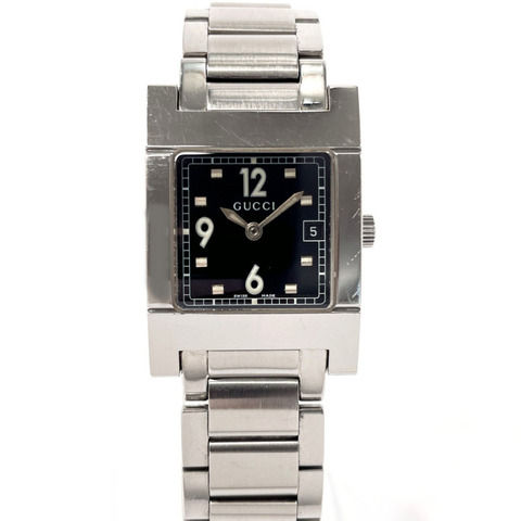 GUCCI 7700L 女士不鏽鋼腕錶，銀色石英機芯，黑色錶盤