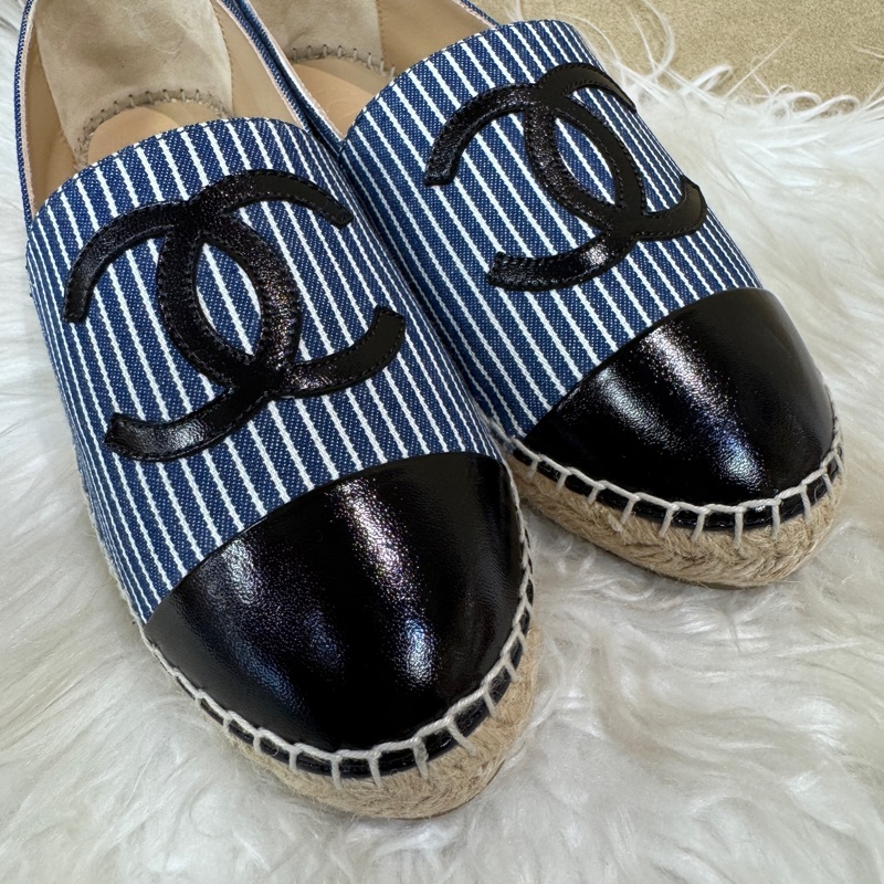 Chanel 藍白條紋草編鉛筆鞋 僅試穿 37號-9