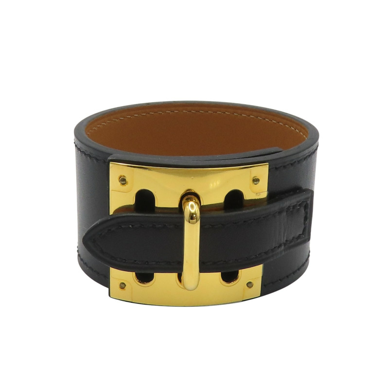 黑色牛皮 鍍金屬 手環 口R刻【HERMES 愛馬仕】 口R刻/R-0