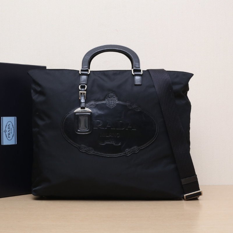 PRADA 黑色尼龍銀扣拼皮手提單肩包肩背包-0