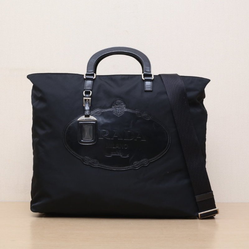 PRADA 黑色尼龍銀扣拼皮手提單肩包肩背包-1