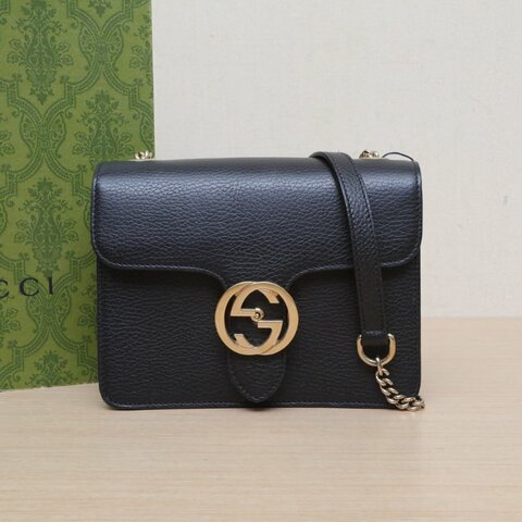 GUCCI Interlock風琴包小號20黑色牛皮金扣肩背包