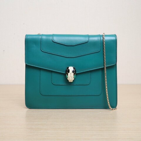 BVLGARI SerpentiForever鏈條蛇頭包高版25綠色牛皮肩背包