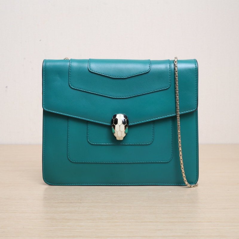 BVLGARI SerpentiForever鏈條蛇頭包高版25綠色牛皮肩背包-1