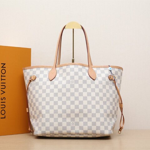 LOUIS VUITTON Neverfull中號31配子袋白棋格PVC金扣2020肩背包