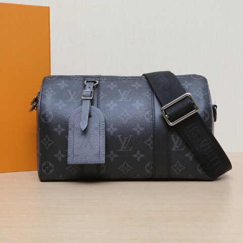 LOUIS VUITTON KEEPALLCity拼黑色牛皮/PVC晶片City牛皮拼PVC肩背包