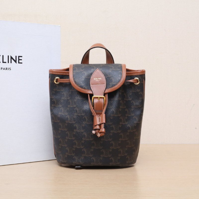 CELINE Folco抽繩雙肩包Mini迷你褐色PVC老花肩背包-0