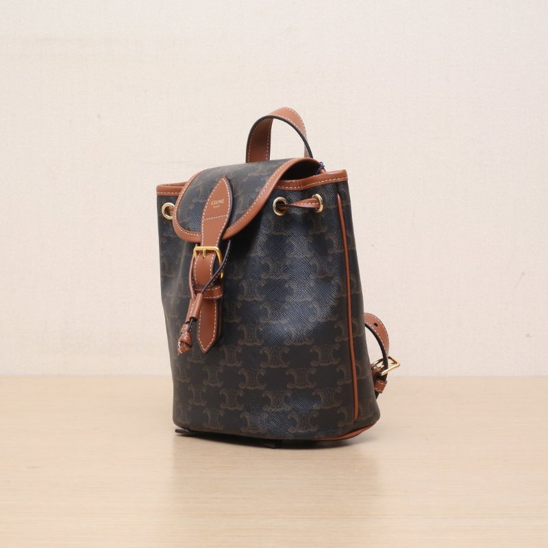 CELINE Folco抽繩雙肩包Mini迷你褐色PVC老花肩背包-3