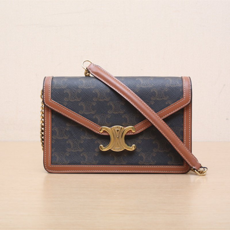 CELINE 老花PVC金扣凱旋門woc鏈條包信封包肩背包-1