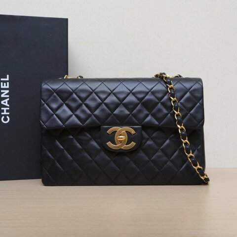 CHANEL 中古黑金羊貝嫂34黑色羊皮2開金扣肩背包
