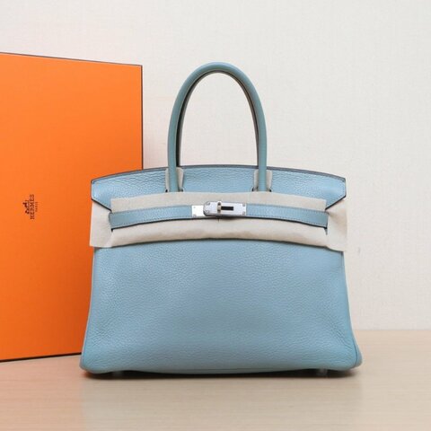 HERMES Birkin307G天青色TC皮框M銀扣肩背包