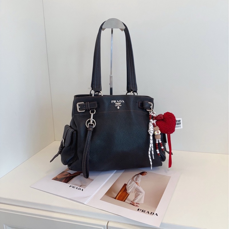 【98新🆕】Prada 黑銀雙口袋機車tote托特包 手提包 單肩包-0