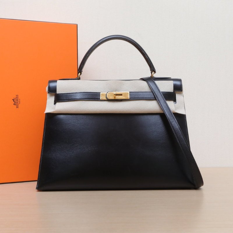 HERMES Kelly3289黑色Box皮圈P金扣肩背包-0