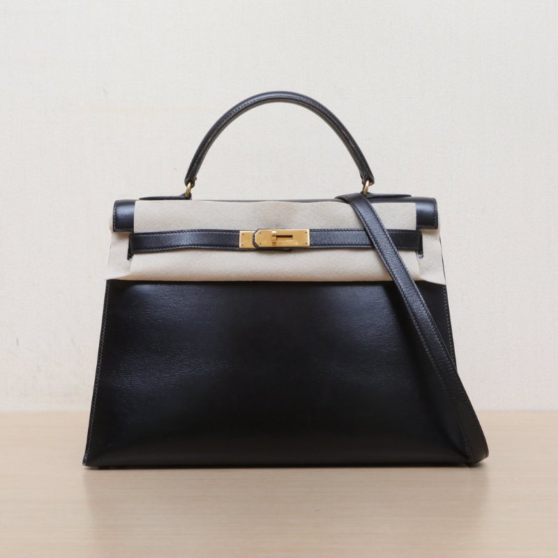 HERMES Kelly3289黑色Box皮圈P金扣肩背包-1