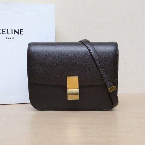 CELINE ClassicBox中號深巧克力色牛皮金扣肩背包
