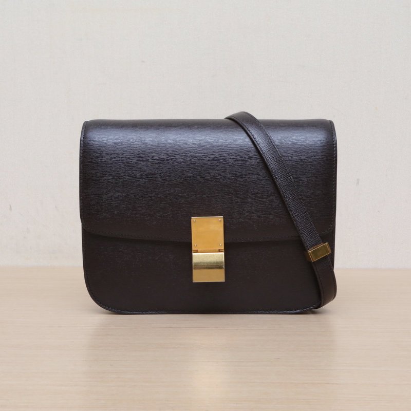 CELINE ClassicBox中號深巧克力色牛皮金扣肩背包-1
