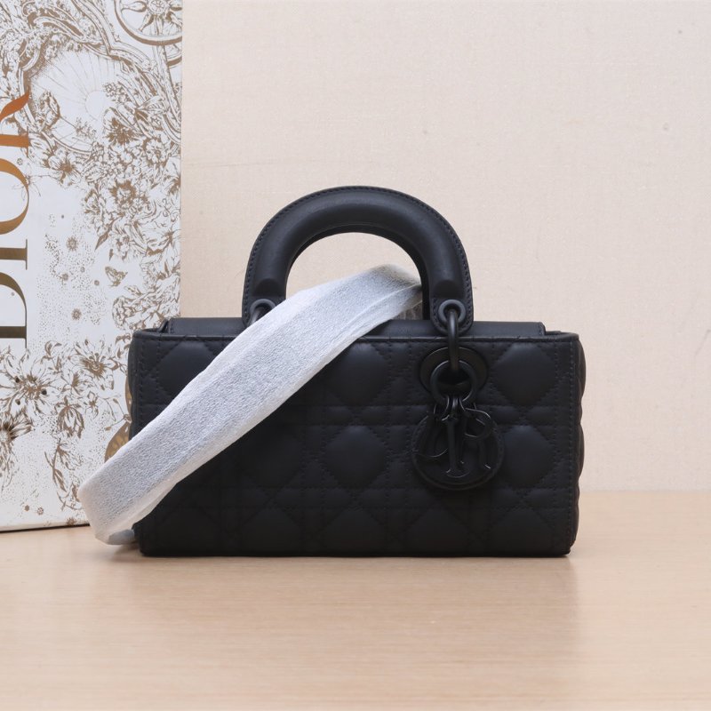 DIOR LadyD-Joy橫版戴妃包小號22黑色牛皮磨砂扣2023肩背包-0