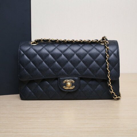 CHANEL CF口蓋包中號25.5黑色荔枝牛皮29開金扣肩背包