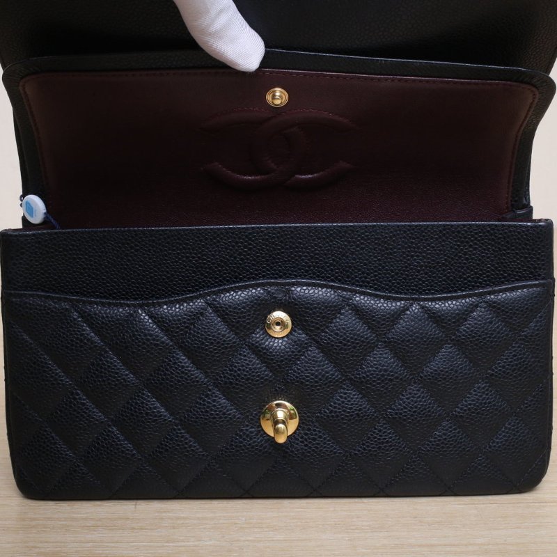 CHANEL CF口蓋包中號25.5黑色荔枝牛皮29開金扣肩背包-3