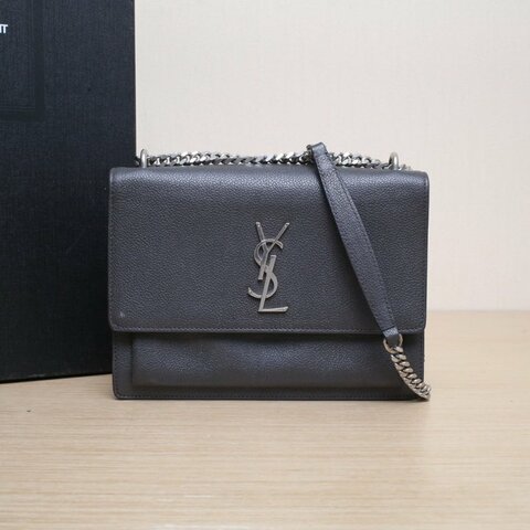 SAINT LAURENT SUNSET日落包中號22深灰牛皮銀扣肩背包