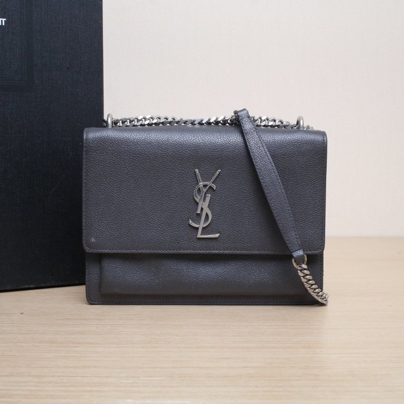 SAINT LAURENT SUNSET日落包中號22深灰牛皮銀扣肩背包-0