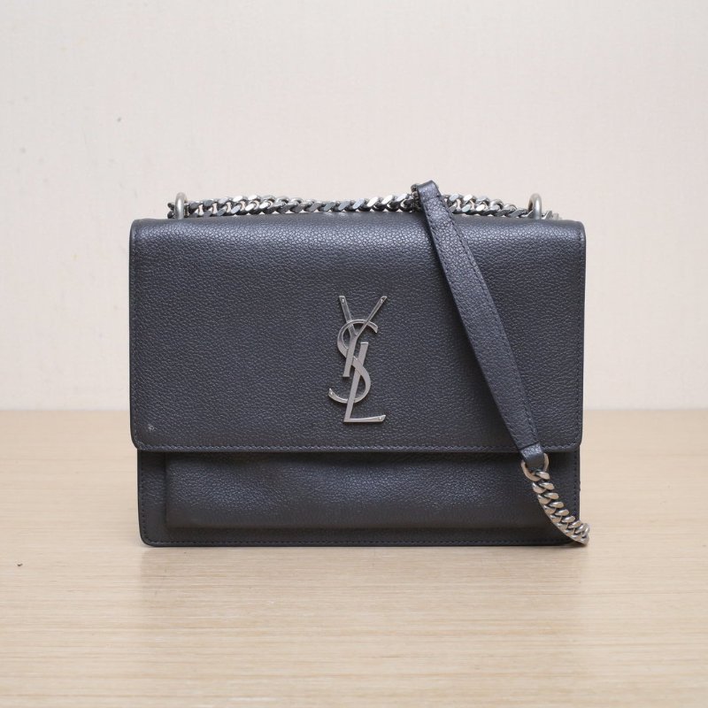 SAINT LAURENT SUNSET日落包中號22深灰牛皮銀扣肩背包-1