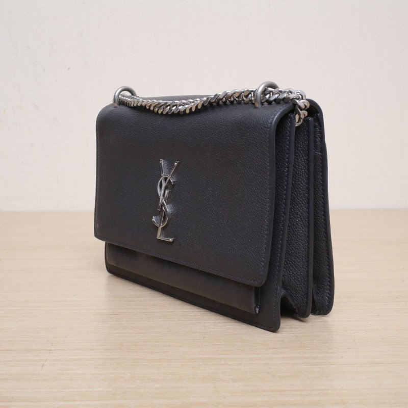 SAINT LAURENT SUNSET日落包中號22深灰牛皮銀扣肩背包-4