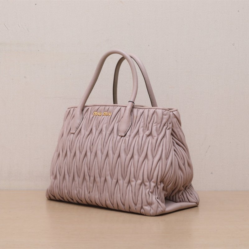 MIU MIU 灰粉色羊皮褶皺手提包斜挎包配可拆卸肩帶肩背包-4